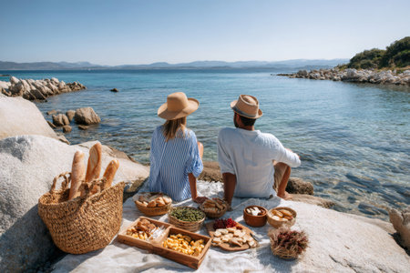 Tourists having a picnic with local food and admiring the stunning turquoise water of a Sardinian beachの素材