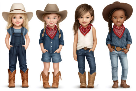 Four children dressed as cowgirls wearing cowboy hats, red neckerchiefs, and cowboy bootsの素材