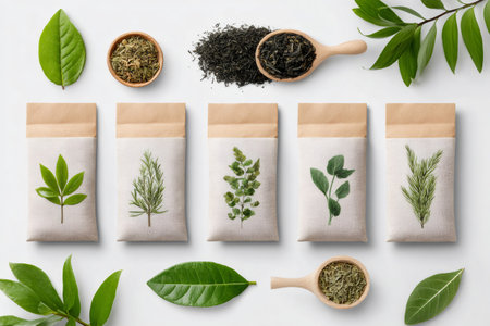 Various herbal tea bags, dried herbs in wooden spoons, and green leaves are arranged on a white background, creating a visually appealing flat layの素材