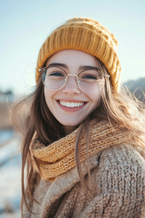 Portrait of a cheerful young woman wearing eyeglasses, a yellow woolen hat and scarf, and a beige sweater, smiling outdoors in winterの素材
