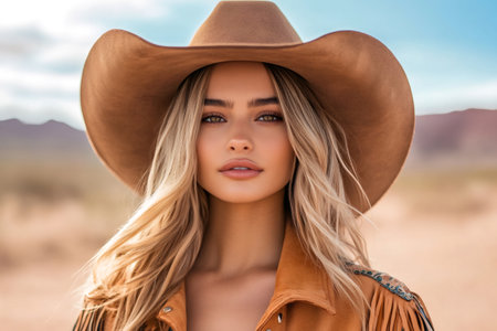 Country girl wearing western clothing posing in a desert landscapeの素材