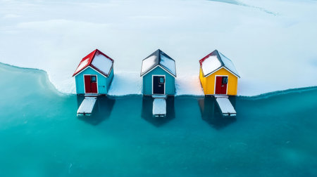 Aerial view of three colorful wooden cabins on a frozen lake surrounded by snow and iceの素材