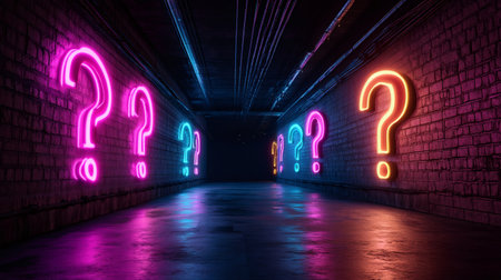 Colorful neon question marks illuminating a dark tunnel representing mystery, uncertainty, and the path to the unknownの素材