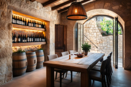 Wine cellar showcasing a rustic ambiance with a wooden table, oak barrels, and shelves filled with wine bottles, creating an inviting atmosphere for wine enthusiastsの素材