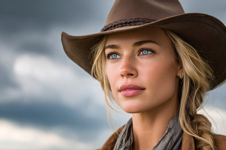 Blonde cowgirl wearing hat looking off into the distance under a dramatic cloudy skyの素材
