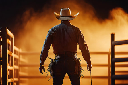 Cowboy is standing with his back turned in a rodeo arena at night, holding a ropeの素材