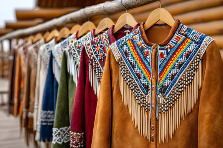 Traditional native american clothing hanging on wooden hangers displaying vibrant colors and beadworkの素材