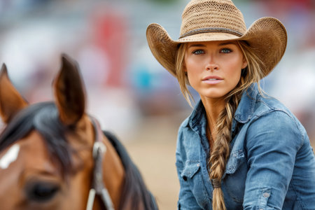 Cowgirl wearing cowboy hat sitting next to her horse, posing in a ranch or rodeo arenaの素材