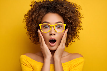 Surprised young woman with curly hair and yellow glasses and top holding hands to face with mouth agapeの素材
