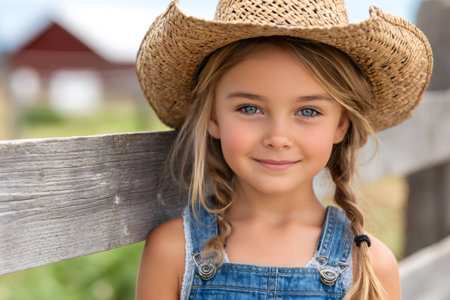 Little girl wearing straw hat and denim overalls enjoying life in the countrysideの素材