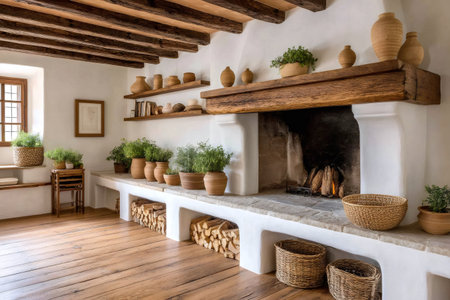 Cozy rustic living room features a fireplace, potted plants, wooden shelves, and exposed beams, creating a warm and inviting atmosphereの素材