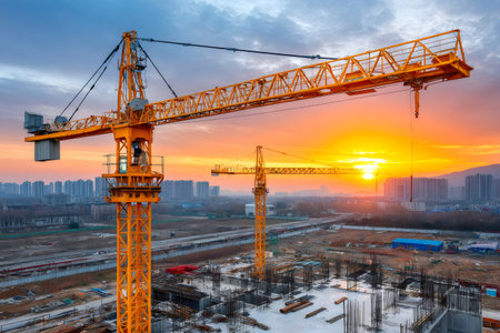 Tower cranes working on a construction site at sunset, building progress and development conceptの素材