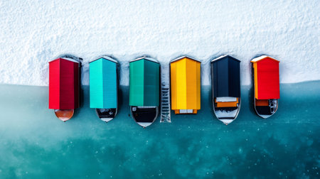 Aerial view of colorful boathouses on a frozen lake during winter, creating a vibrant contrast against the white snow and turquoise waterの素材