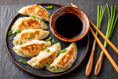 Delicious pan fried gyoza dumplings served with soy sauce and chopsticks, garnished with chopped green onionsの素材