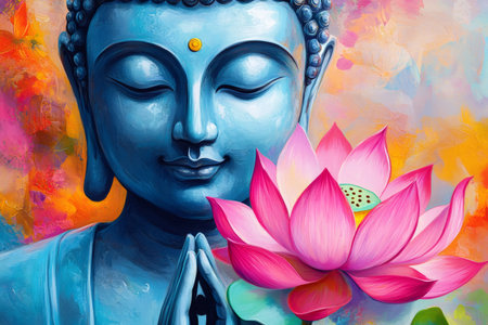 Colorful painting of Buddha praying with a pink lotus flower, evoking spirituality and peaceの素材
