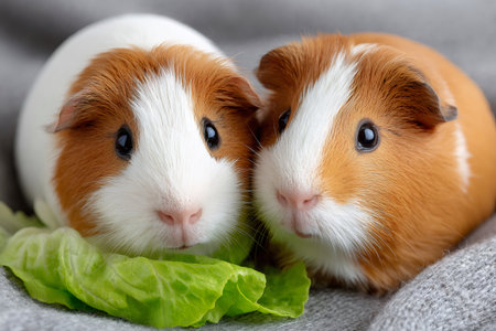 Two adorable guinea pigs are happily munching on a piece of fresh lettuce, resting on a soft gray blanketの素材