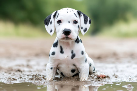 Cute dalmatian puppy enjoying a muddy puddle in natureの素材