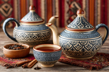 Traditional Moroccan tea set with spices creating a warm and inviting atmosphereの素材