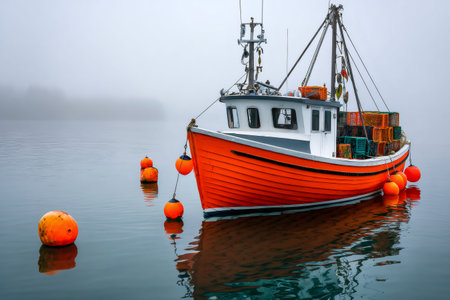 Small orange fishing boat with lobster pots onboard floating on calm water with orange buoys in a foggy morningの素材