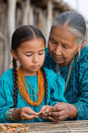 Native American grandmother teaching her granddaughter traditional beadwork, passing down cultural heritageの素材