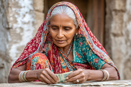 Senior Indian woman carefully counting her rupee banknotes while wearing a colorful sariの素材