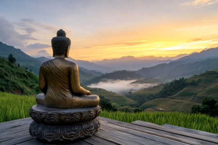 Golden Buddha statue overlooking a scenic valley at sunrise in Vietnam, inspiring peace and tranquilityの素材