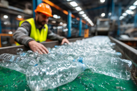 Waste sorting employee working on a conveyor belt selecting plastic bottles in a recycling plantの素材