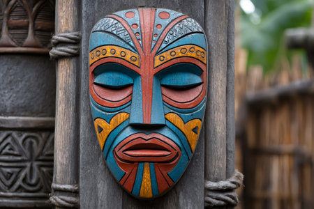 Traditional Polynesian tiki mask with vibrant colors and intricate details, mounted on a weathered wooden post, evokes the spirit of the islandsの素材