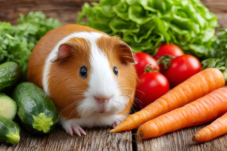 Adorable guinea pig surrounded by fresh, colorful vegetables, promoting a healthy pet dietの素材