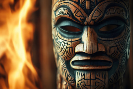 Polynesian wooden mask is burning in flames, representing ancient rituals and traditionsの素材