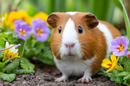 Adorable guinea pig surrounded by vibrant flowers, enjoying the beauty of natureの素材