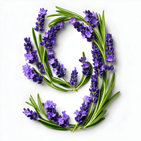 Number nine, made of lavender flowers, creates a visually appealing design against a clean white backdropの素材