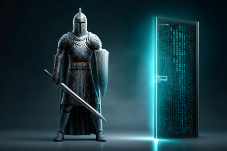 Medieval fantasy knight guarding glowing futuristic door with encrypted digital codeの素材