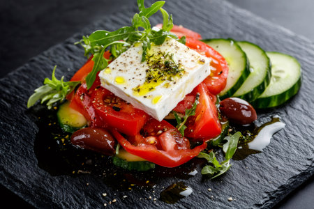 Traditional Greek salad with fresh ingredients, feta cheese, and olive oil dressing, served on a black slate plateの素材