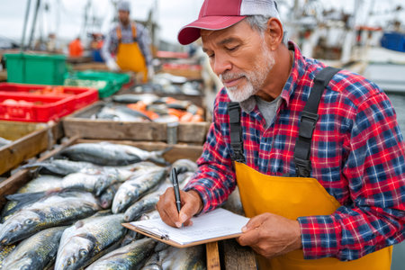 Senior fisherman writing notes on a clipboard, checking fresh fish in wooden crates at the portの素材