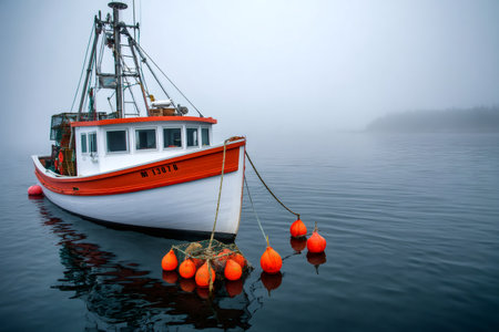 Red and white fishing boat with lobster traps and buoys floating on calm water in a foggy morningの素材