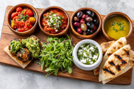 Sharing a Mediterranean mezze platter featuring grilled chicken, pita bread, and a variety of dips, including hummus, baba ghanoush, and tzatzikiの素材