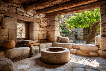 Interior of an old stone house with a well, showing traditional architectural features and a courtyard with a treeの素材