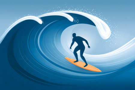 Surfer riding a big ocean wave during summer vacation, extreme water sport and adventure illustrationの素材