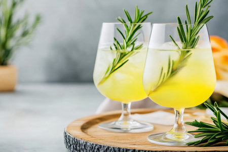 Two glasses of iced cocktails garnished with fresh rosemary sprigs are placed on a wooden trayの素材