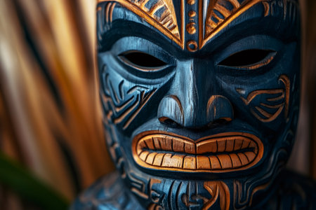 Close up of a Maori tiki mask showcasing intricate Polynesian carvings and cultural artistryの素材