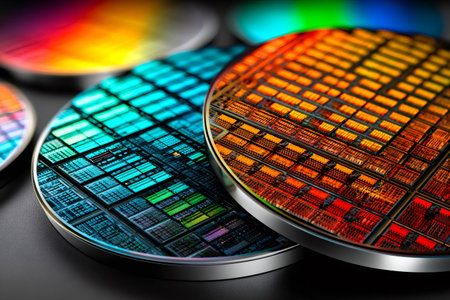 Silicon wafers reflecting vibrant colors, showcasing intricate circuitry and representing advances in computer processingの素材