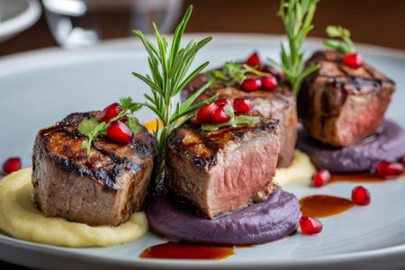 Delicious grilled lamb medallions served on colorful mashed potatoes and garnished with pomegranate seeds and rosemaryの素材