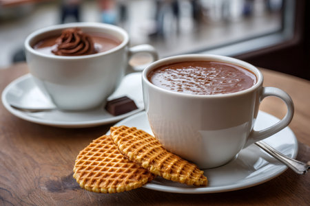 Two cups of hot chocolate with whipped cream, waffles, and chocolate pieces on a wooden table by a windowの素材