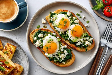 Enjoying a healthy and flavorful breakfast with fried eggs, spinach, feta cheese on toasted bread, and roasted potatoes with herbsの素材