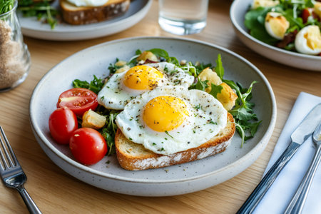 Enjoying a healthy and delicious breakfast featuring sunny side up fried eggs on toast, fresh salad, and ripe cherry tomatoesの素材