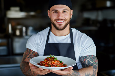 Portrait of happy chef presenting gourmet pasta dish in commercial kitchen, embodying culinary passion and expertiseの素材
