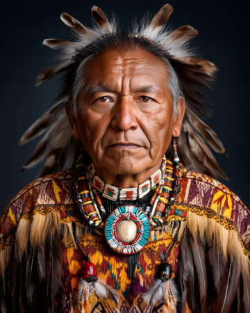 Majestic portrait of a native American tribal chief, adorned in traditional headdress and clothing, conveying wisdom and heritageの素材