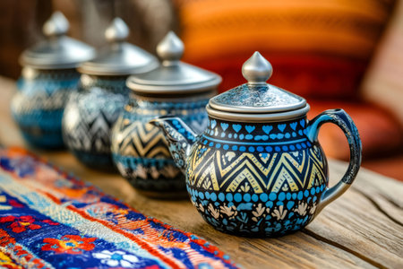 Four teapots with colorful patterns and metal lids are arranged on a wooden table, showcasing traditional craftsmanshipの素材