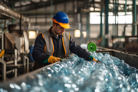 Factory worker wearing safety equipment working on production line controlling plastic bottles in recycling plantの素材